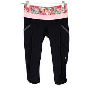 Lululemon Run A Marathon Crop II Legging Black Flowabinga Pink Floral size 4